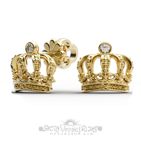 Золотые серьги короны, из желтого золота, с бриллиантами, 585 проба