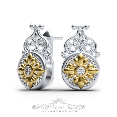 Красивые серьги из комбинированного золота, бриллианты, 585 проба