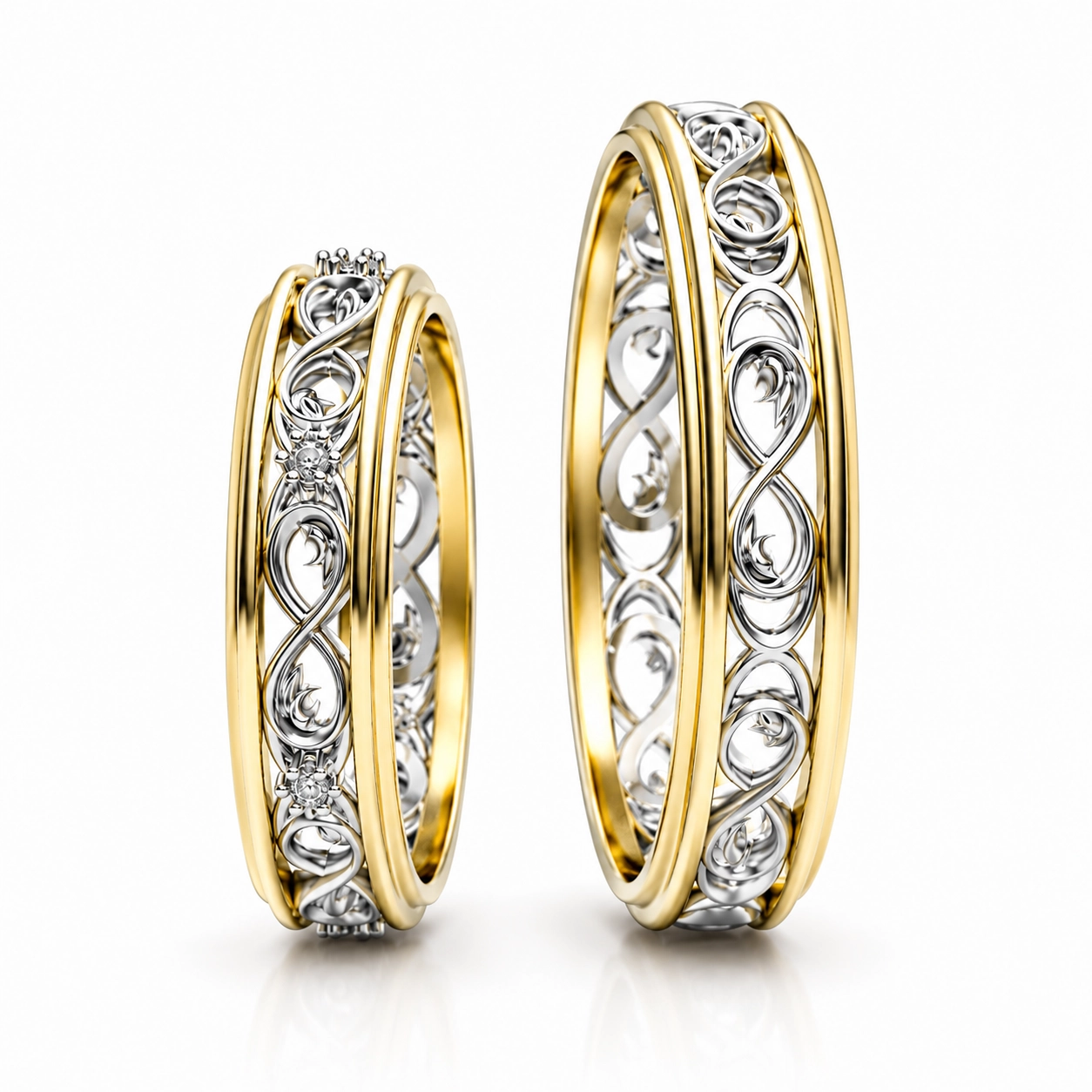 Ажурное обручальное кольца из желтого и белого золота, с бриллиантами, 585 пробы в Москве, цена 50500 руб.: купить в интернет-магазине